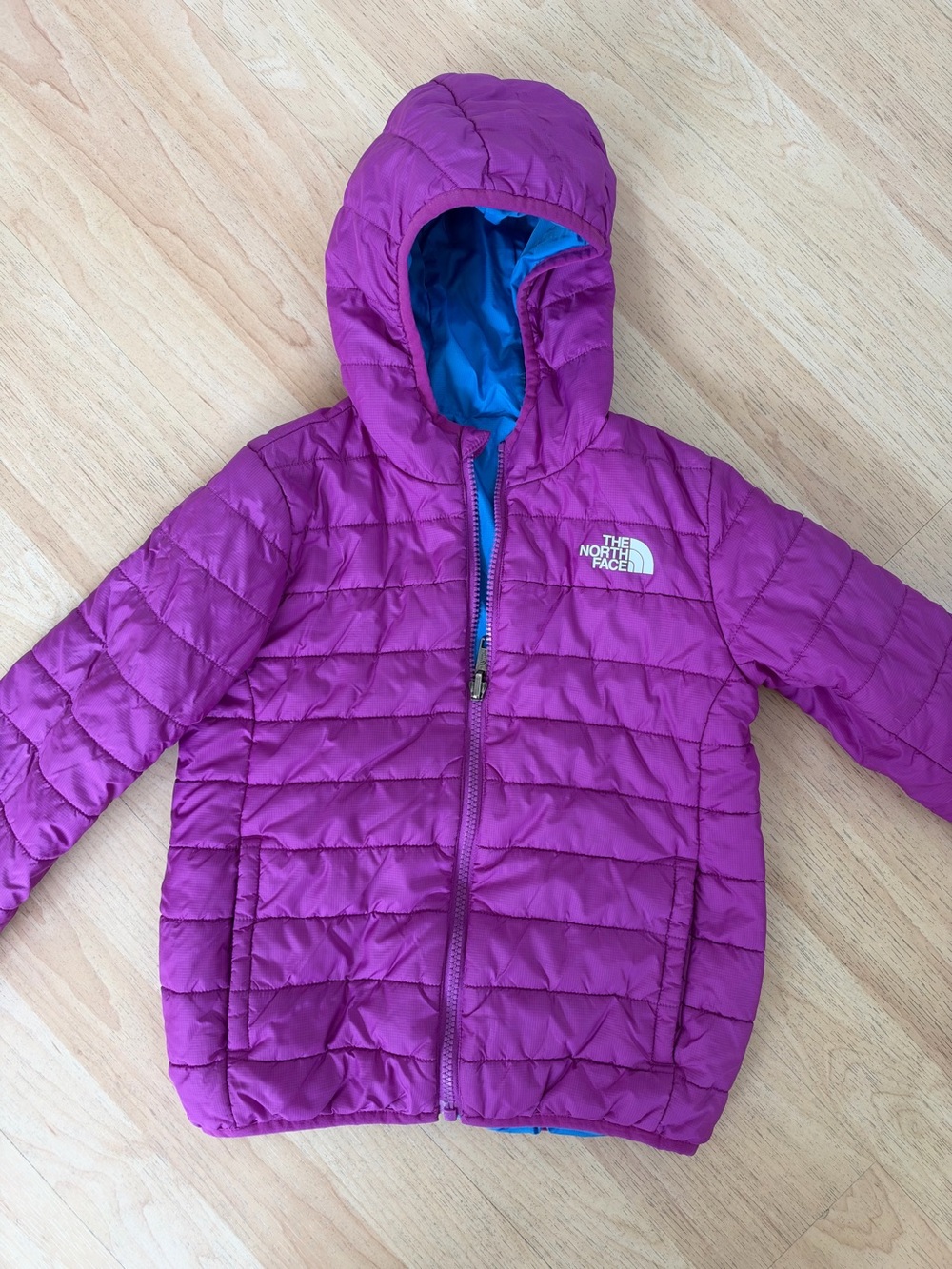 The North Face Kids Hooded Puffer Jacket - Bright Purple with Blue Lining